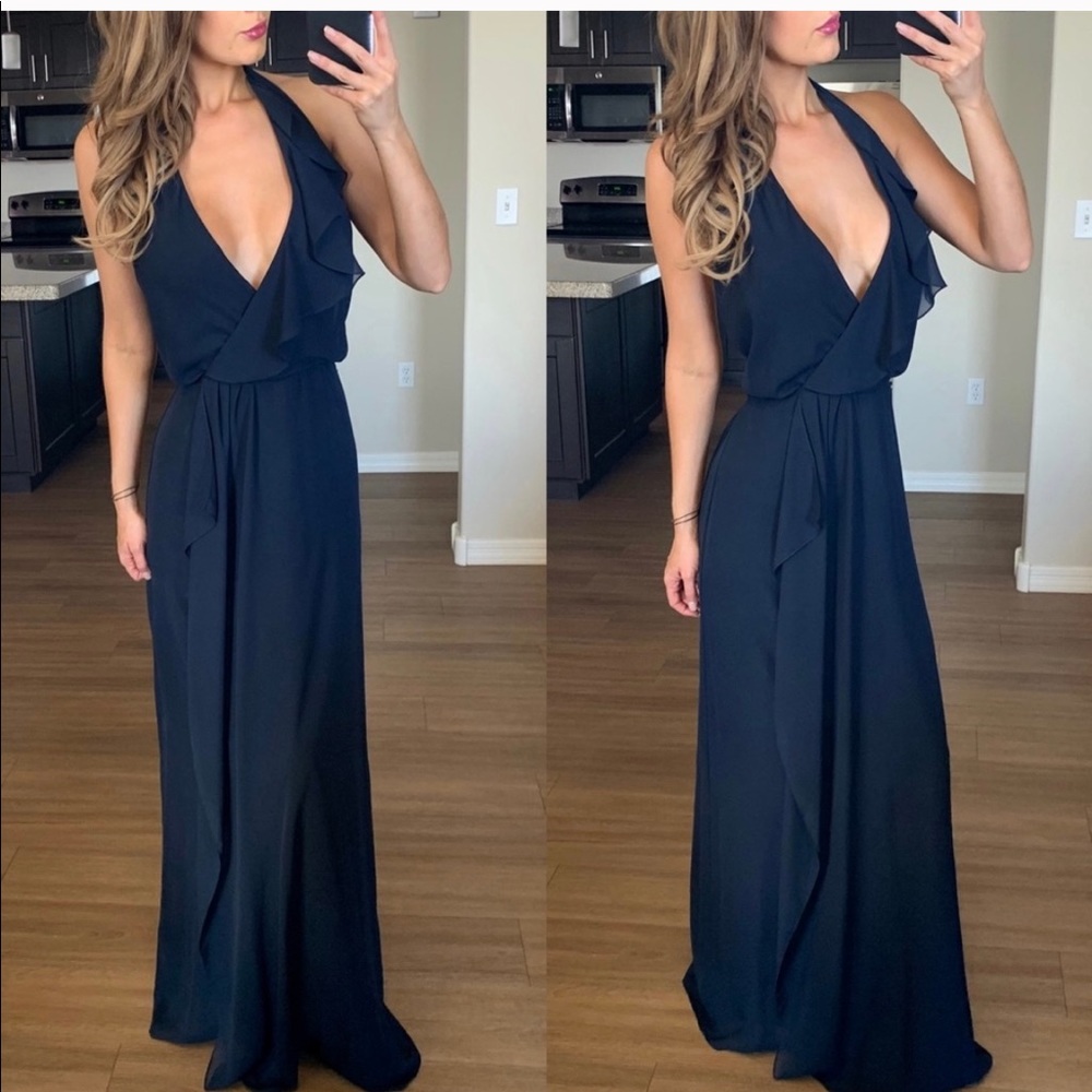 Nouvelle Amsale navy ruffle chiffon dress